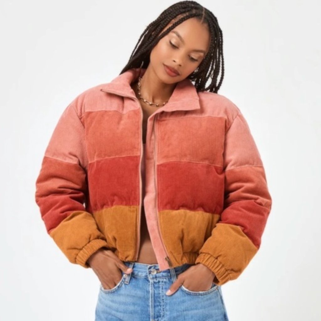 L*Space Multicolor Corduroy Puffer Jacket In Pink, Rust & Mustard